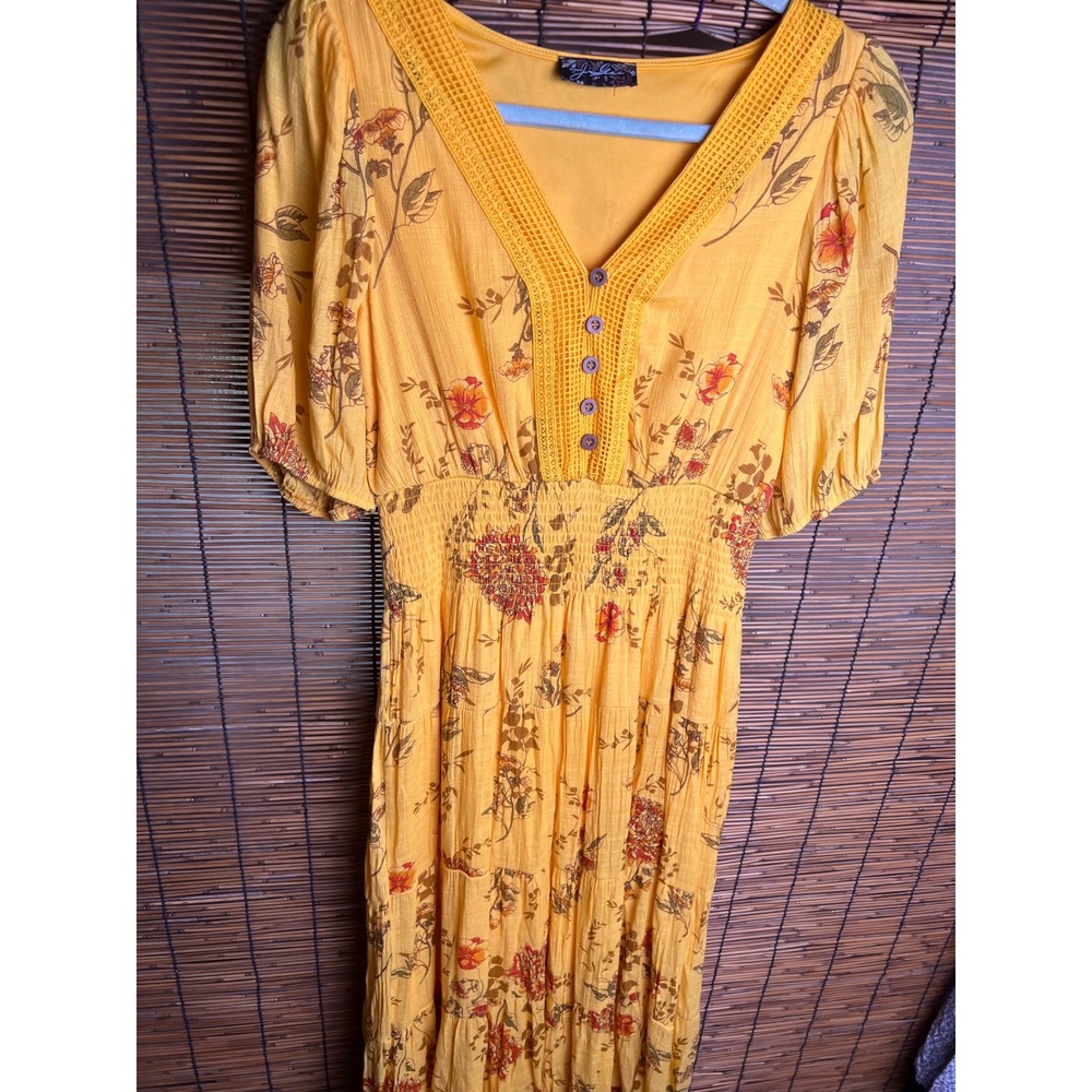 J.‎ Slee Yellow Floral Maxi Dress Boho Smocked Waist Crochet Trim V-Neck Large
